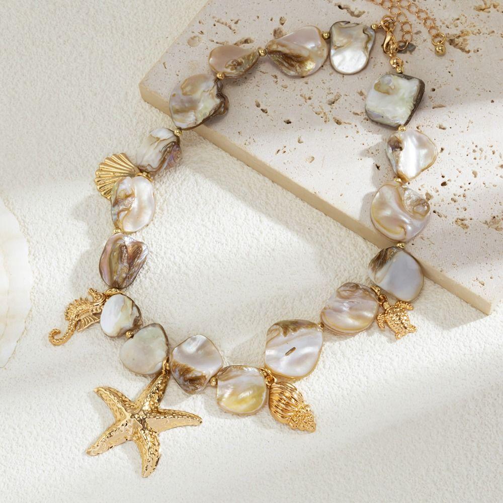 Charm Natural Shell Starfish Beaded Necklace Sea Series Bohemian Hippocampus Japonicus Woven Choker Pentagram High-end