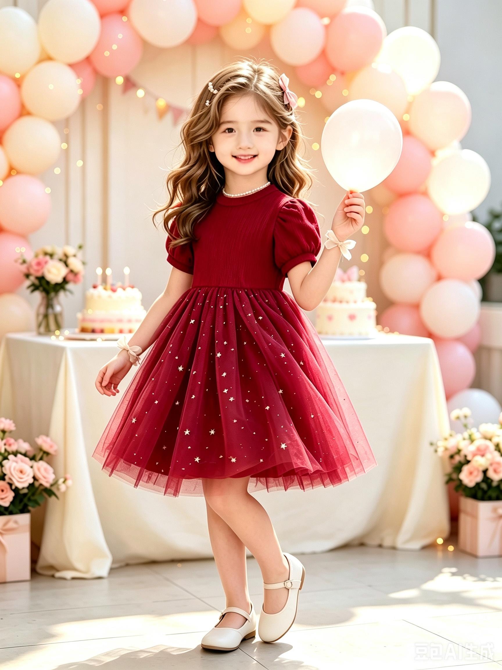 Girls Short Puff Sleeve Wine Red Star Tulle Dress Kids Spring Summer Daily Birthday Party Princess Dress 1-2Y