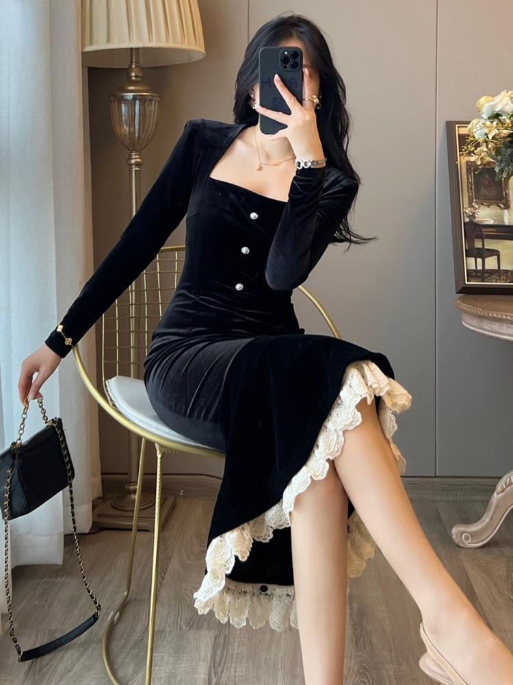 Vintage Bodycon Velvet Mermaid Party Dresses Women Elegant Lace Patchwork Evening Prom Vestidos Female Autumn Winter Clothes