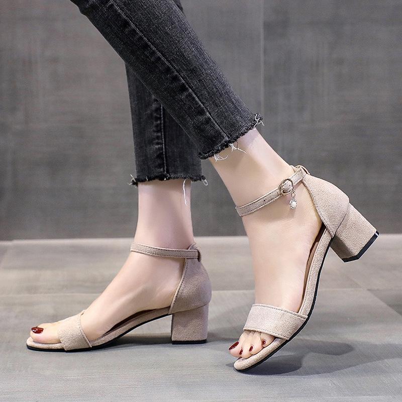 Women's 2025 Black Chunky Heel Mid-Heel Sandals - Versatile One-Strap Fairy Style, Perfect with Skirts.