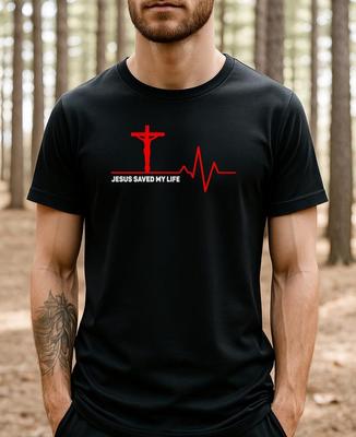T-shirt Jésus m'a sauvé la vie Crucifix et Battement de cœur T-shirt Chrétien Dieu Religieux Bible Foi Graphique pour Croyants et Hauts de Culte