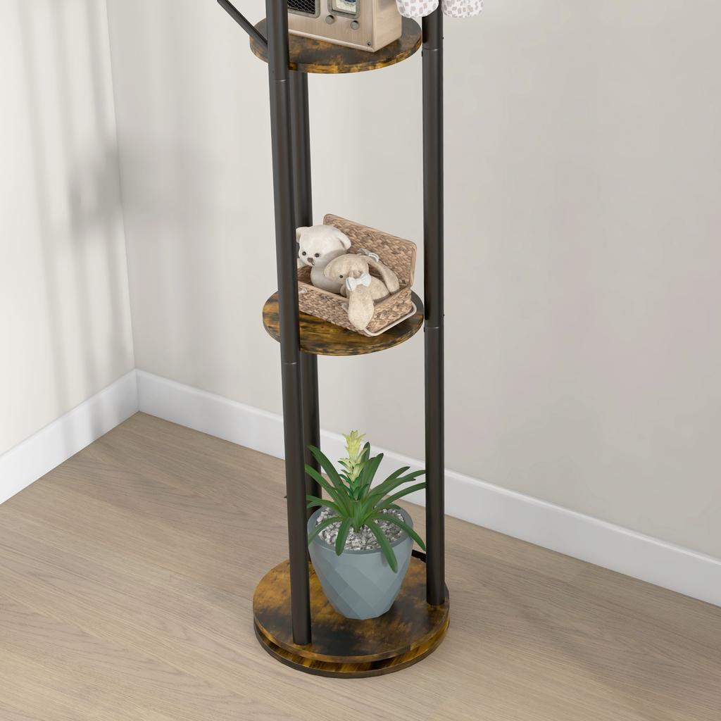 Rotating Floor Coat Rack with 8 Hooks and 4 Shelves in Industrial Style, diameter 30x175cm, Brown