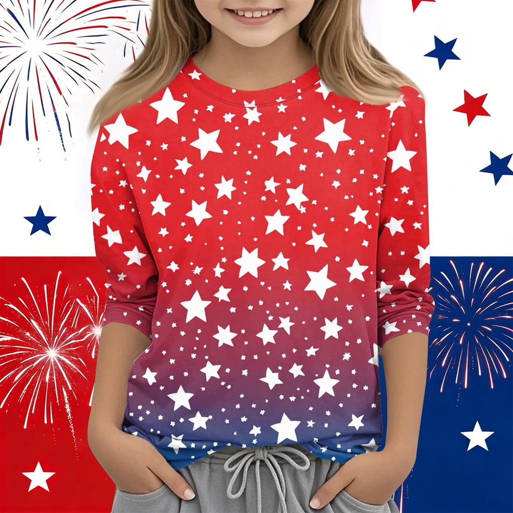 Print Tops For Youth Girls Round Neck 3/4 Sleeves T-Shirts Trendy Tops Outfit Tees Independence Day