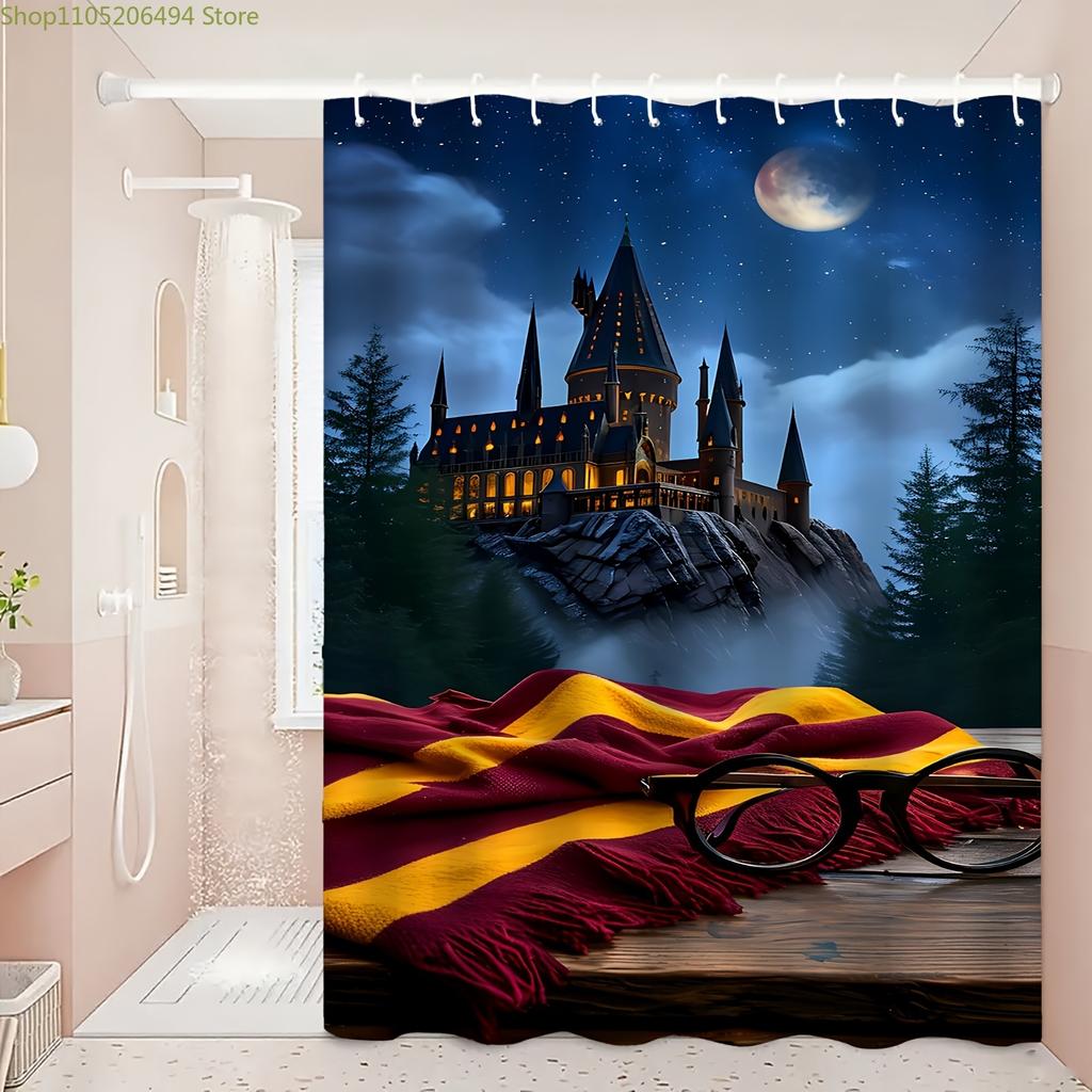 Warner 1pc Cute Printed Bathroom Shower Curtain, Harry Potter Magic Castle Pattern, Creative Shower Curtain, Suitable for Home
