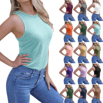 Womens Casual Round Neck Loose Solid Color Sleeveless Top T-shirt Blouse