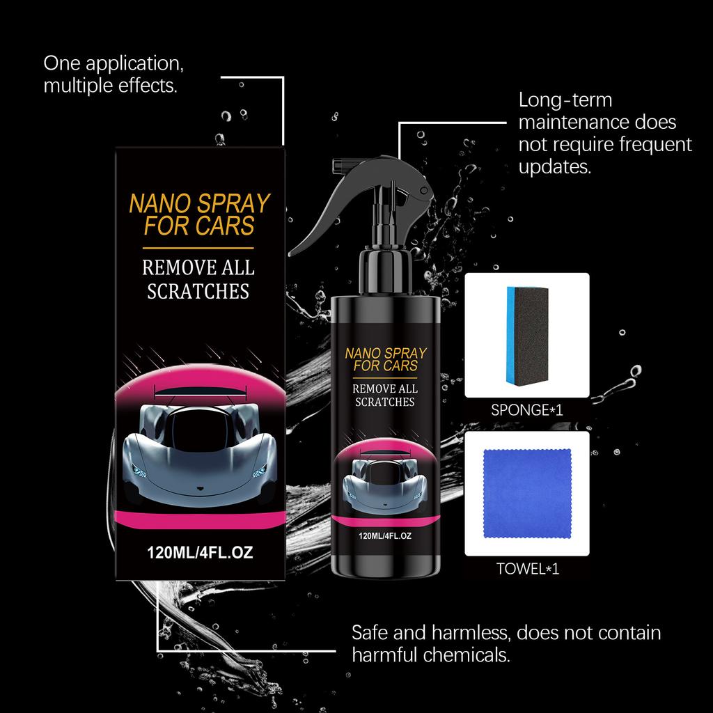 Car Nano Spray 120ml Scratch Remover Liquid with Spray Bottle and Cleaning Accessories for Automotive Surface Care and Protection