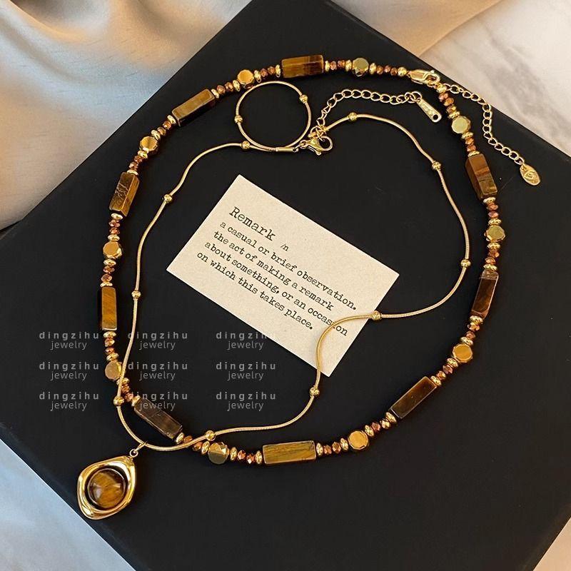 Retro Natural Tiger's Eye Stone Beaded Necklace 2024 Autumn and Winter New Stacked High-end Sweater Chain Collarbone Chain Neck Chain