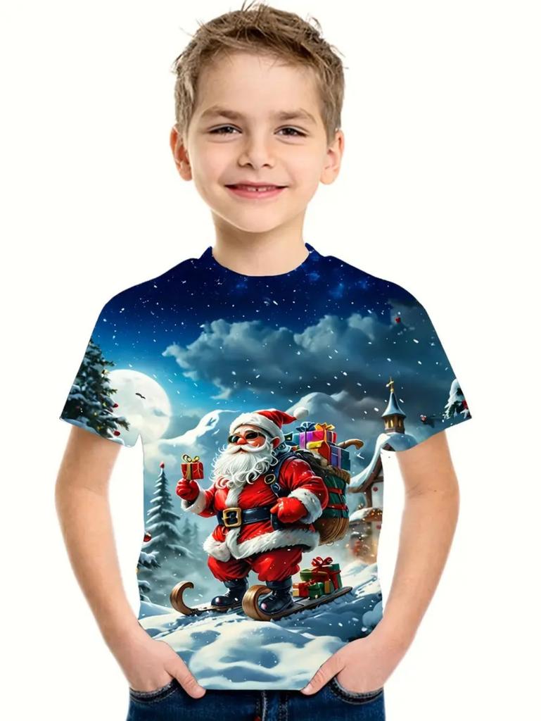 T-Shirt for Kids Santa Claus 3D Print Boys Short Sleeve Tee Happy New Year 2026 Kids Girls Clothes Festive Party Kids Clothing