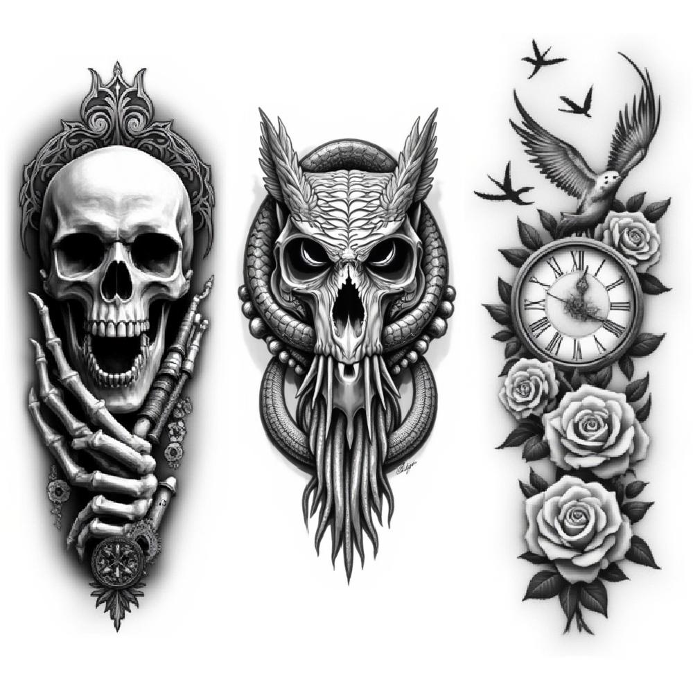 3pcs Temporary Tattoo Waterproof Long-lasting Body Stickers Grim Reaper Gothic Cage Skeleton In Hat For Arms Women Men
