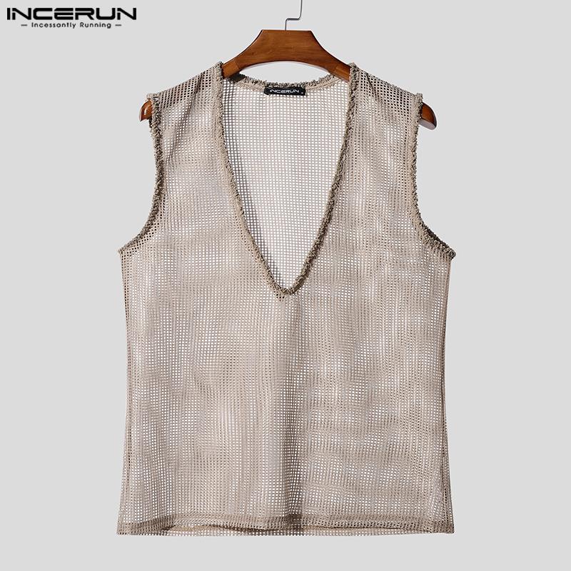 INCERUN Herren Tief V-Ausschnitt Ärmellos Durchsichtig Hohl Netz Tanktops