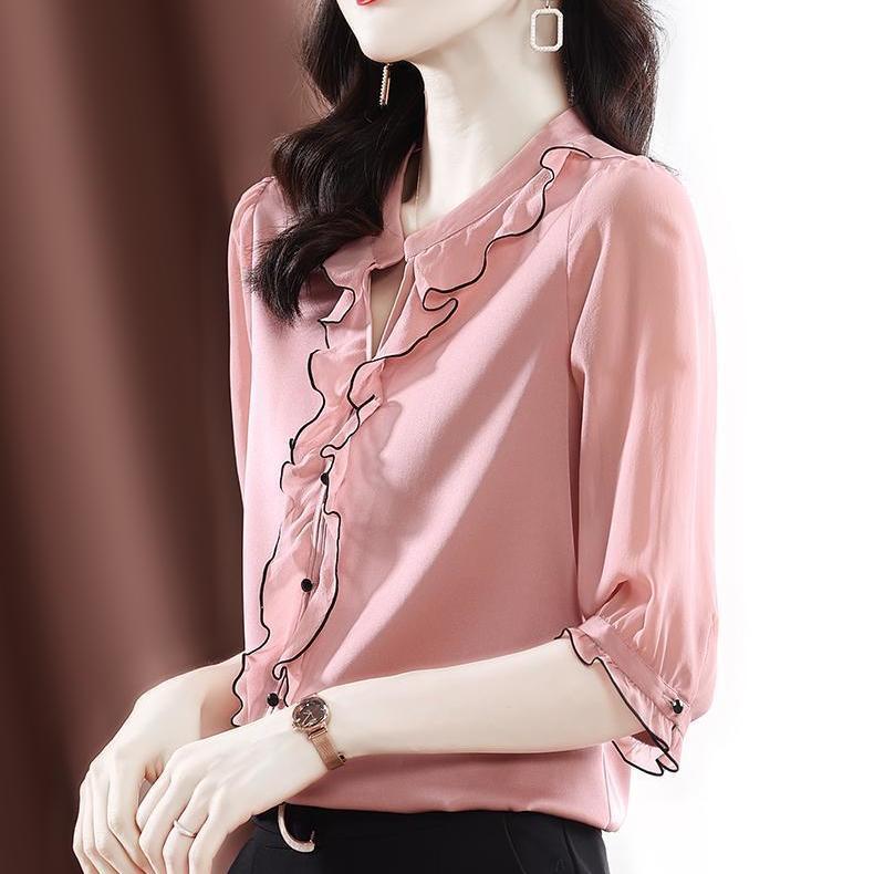 Woman Half Sleeve V Neck Chiffon Blouses Top Urban Office Lady Fashion Pullovers Blouse Women's Vintage Elegant Black Shirt 2022