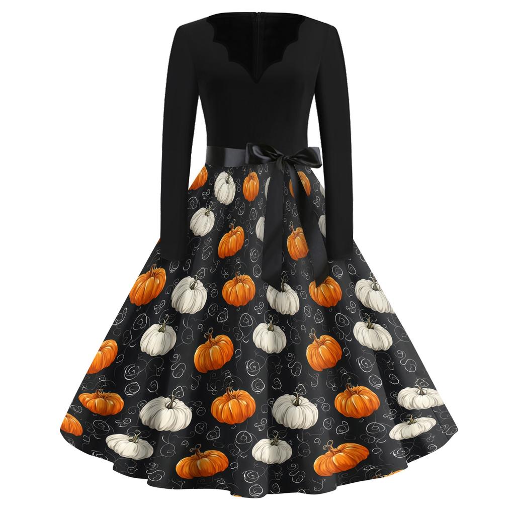 Womens Halloween Printed Size Dress Crew Neck Long Sleeve Vintage Swing Dress with Belt Pocket Free Design