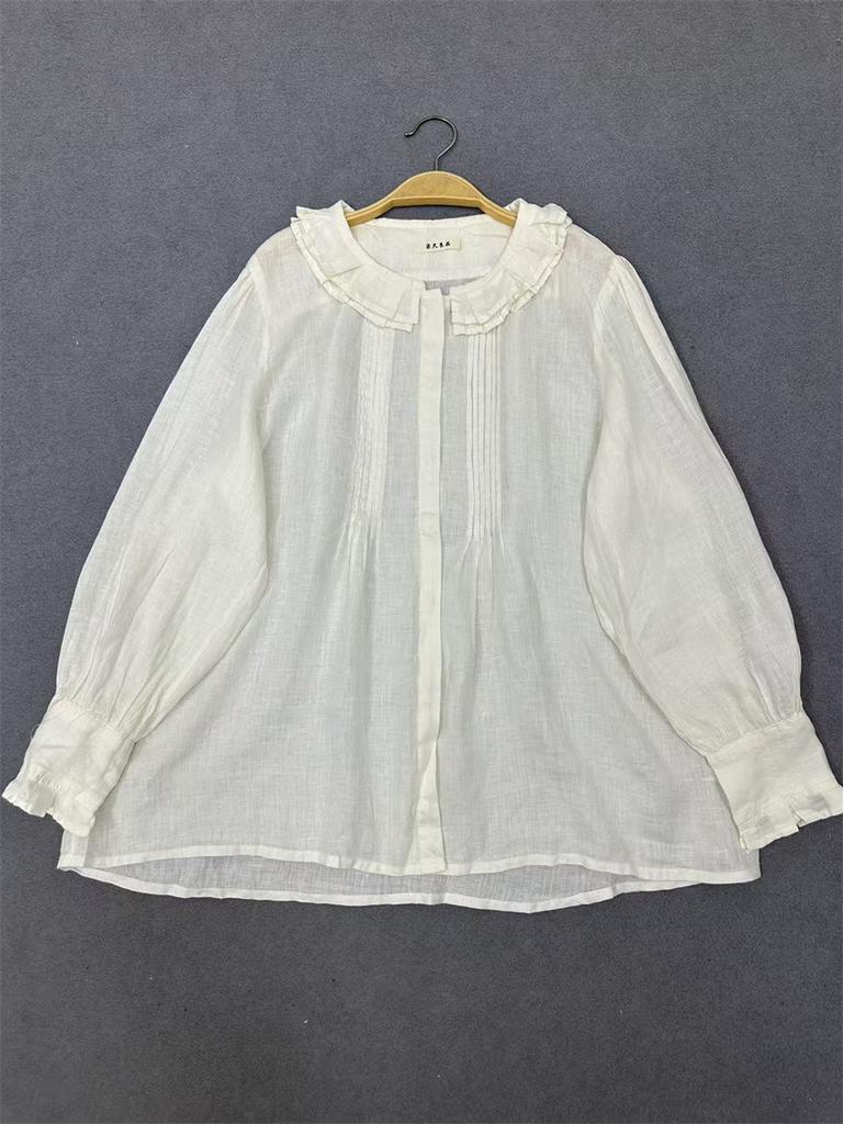 Johnature Autumn Round Neck Single Button Loose Long Sleeve Shirt Solid Color Pleated Casual Shirt For Women