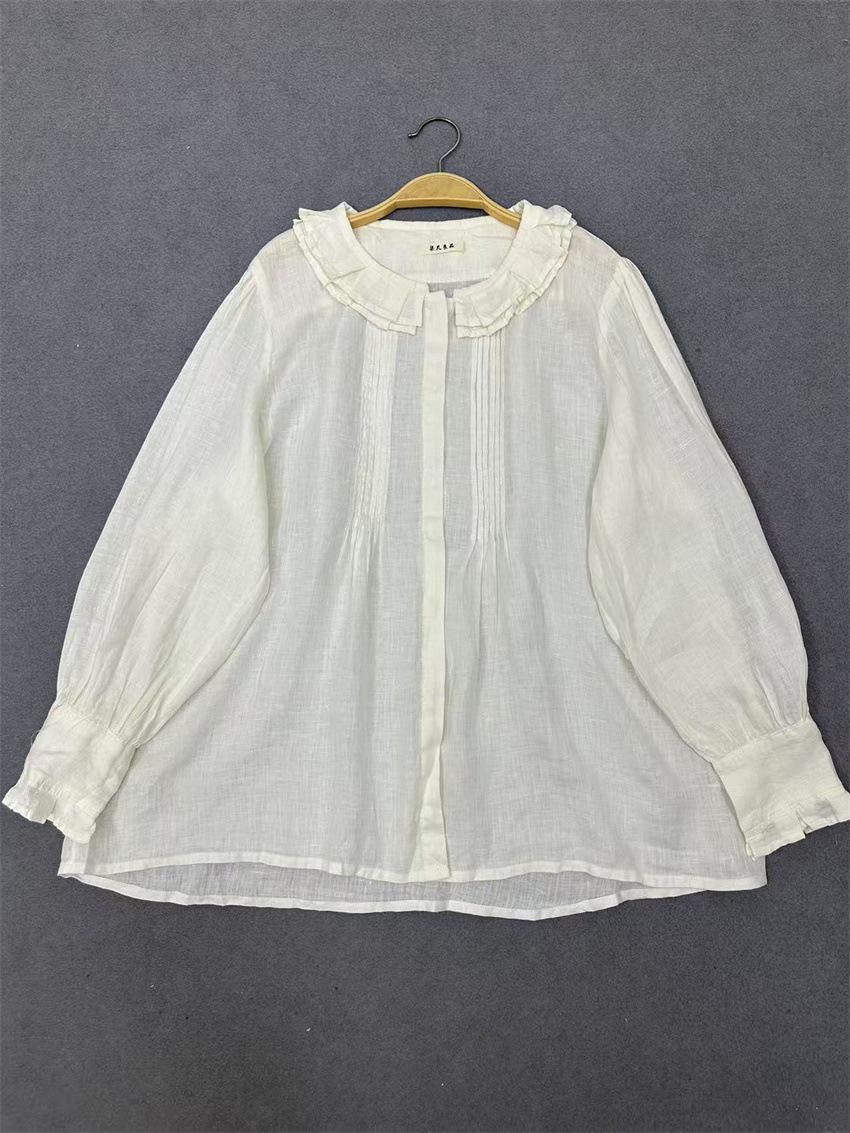 

Johnature Autumn Round Neck Single Button Loose Long Sleeve Shirt Solid Color Pleated Casual Shirt For Women One Size белый