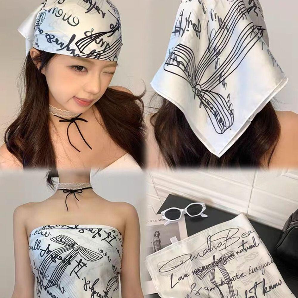 

Sweet Y2k Print Turban Bow Small Square Scarf Retro Printed Headscarf Spice Girls Style7
