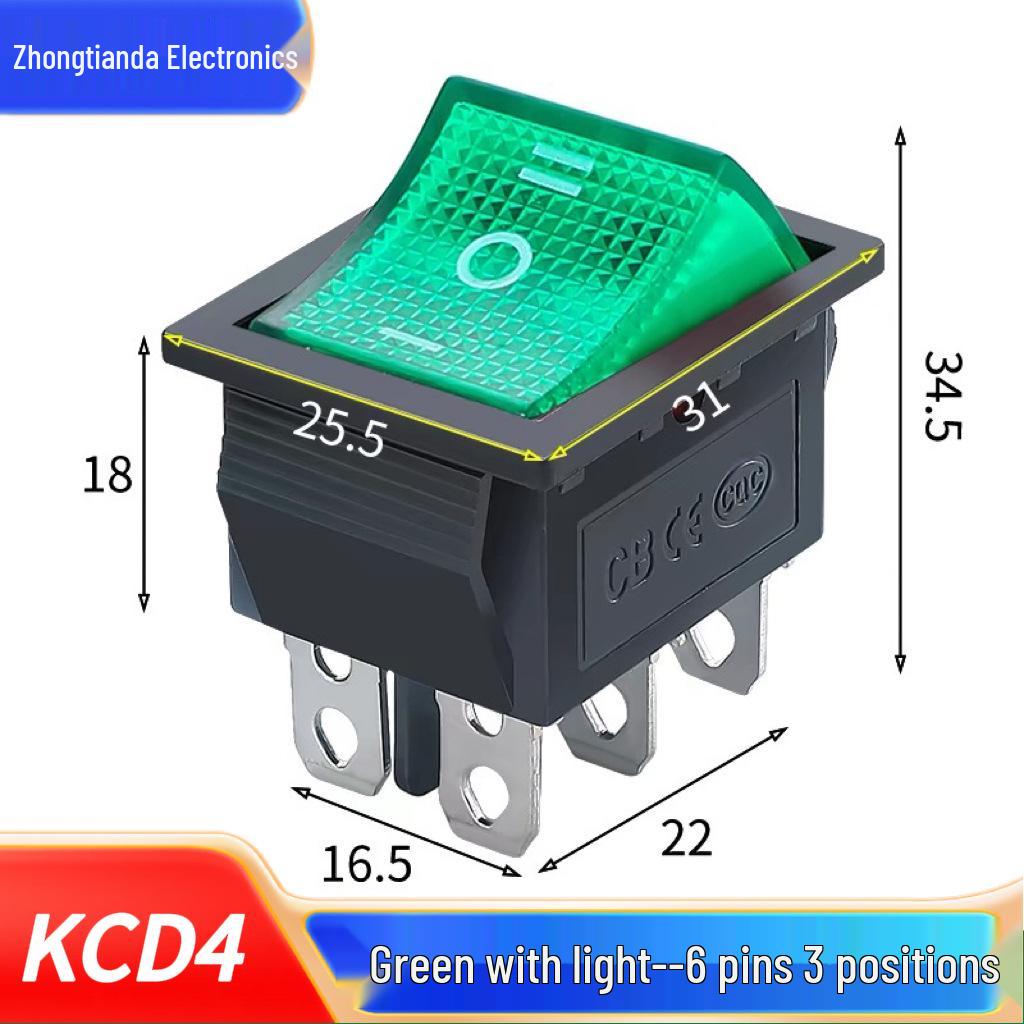 KCD4 Rocker Switch, Double Pole, 16A, 4/6 Pin with Light