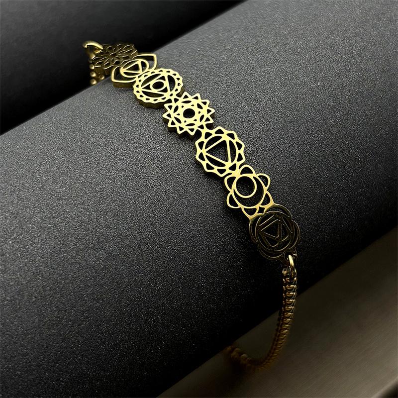 Indian Yoga 7 Chakra Flower Bracelet for Women Girls Stainless Steel Gold Color Hand Chain Reiki Healing Amulet Jewelry Gift