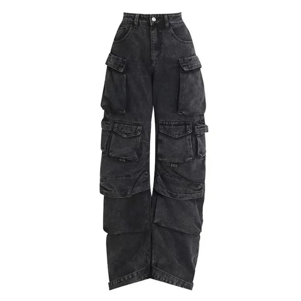 Modische Street Style Arbeitshose Mehrere Taschen Lang Weiter Beinschnitt Patchwork Trendige Leute Rauchgrau Gewaschenes Aussehen Lange Hose