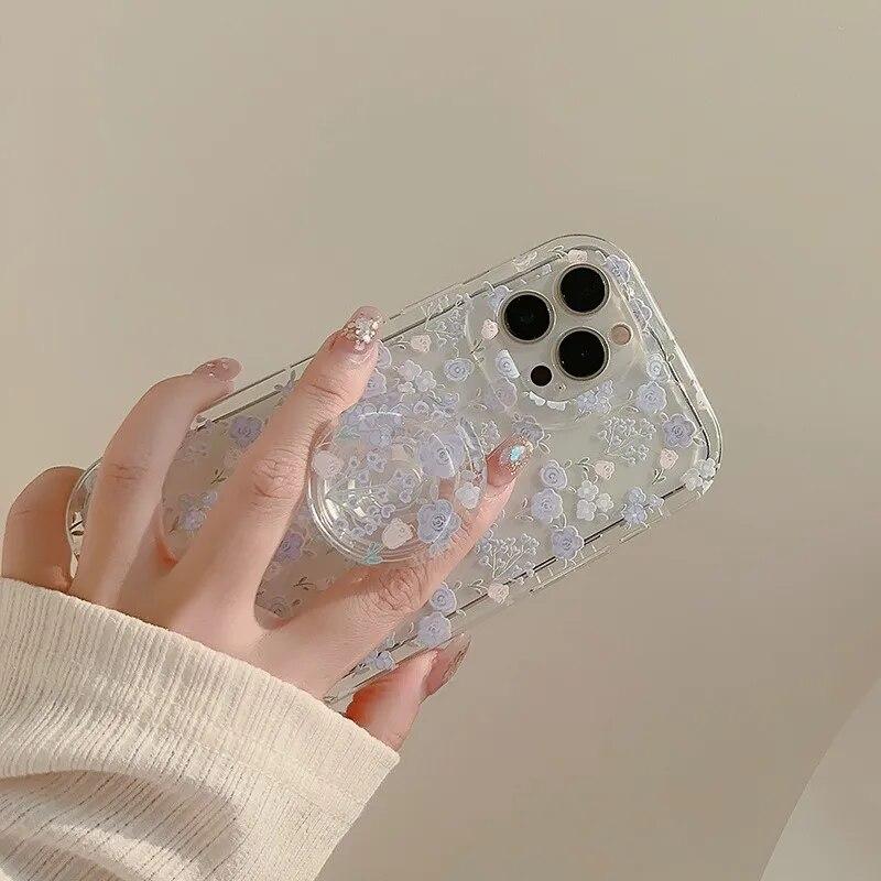 Husă de telefon din silicon cu flori drăguță, transparentă, pentru iPhone 15 14 13 12 11 Pro Max, husă de protecție moale, moale, antișoc, cu suport