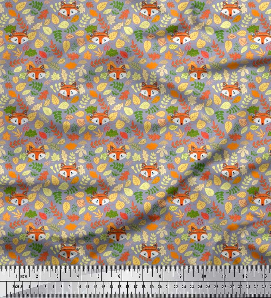 Soimoi Japan Crepe Satin Fabric Leaves & Fox Face Cartoon Printed Craft Fabric by the Metre 42 Inch