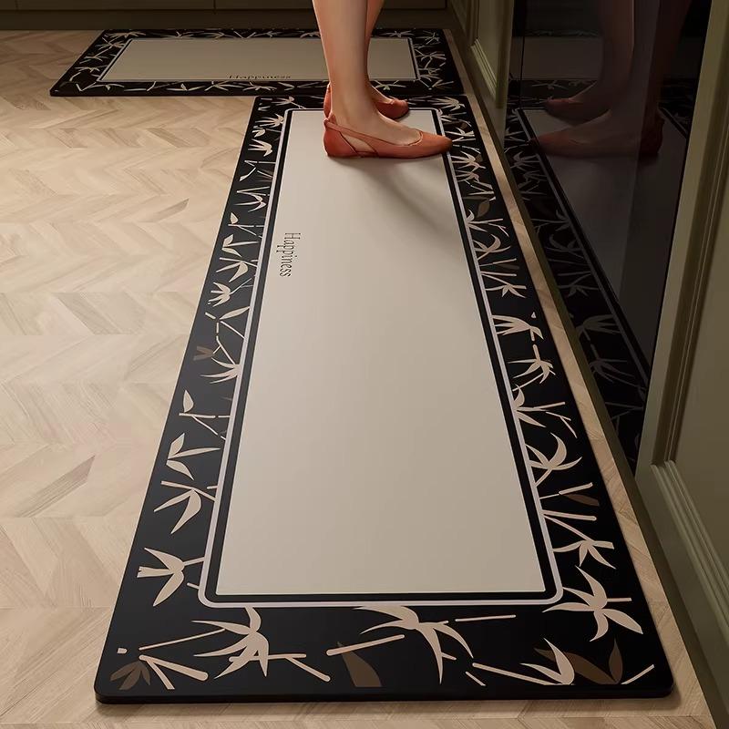 Kitchen Carpet PVC Waterproof Leather Rug Black and White Striped Non-slip Floor Mat Home Decoration Rugs Alfombras De Cocina