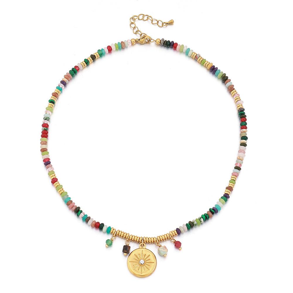 GEMCHIC Women s Colorful Beaded Necklace with Geometric Sun Pendant, Vintage Ethnic Style Natural Stone Choker золотой
