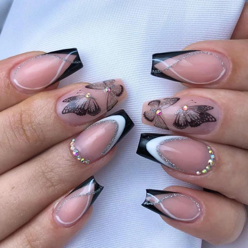 24Pcs French Long Ballet Square Fake Nails Removable Full Cover Press On Nails Acrylic False Nail Tips