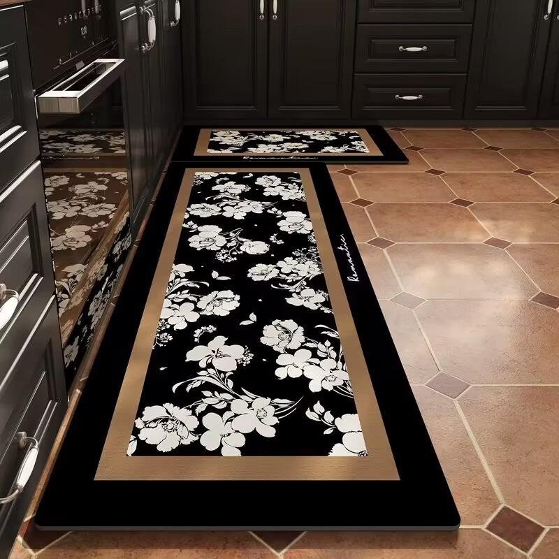 Kitchen Floor Mat Non-Slip Waterproof Oil-Proof Carpet Pvc Leather Black White Minimalist Texture Rug Long Ruler Home Decor Mats