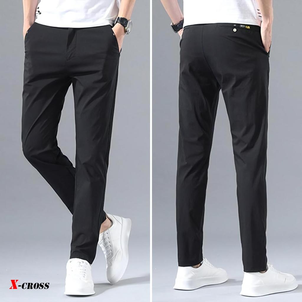 X-cross Men's Stretch Chino Pants, Slim Fit, Golf, Skinny Fit, Pre-hemmed, Plus Sizes, Black, Elastic, Work, Chino Pants, No-Tuck, Long Pants, Easy Fi
