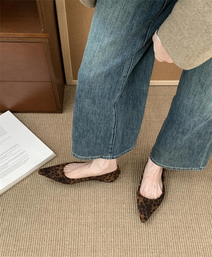 

Французские туфли-лодочки с леопардовым принтом 2025 весна и осень замша, открытый вырез, универсальные удобные балетки, тонкие и удобные женские туфли 39 цветной печати леопарда