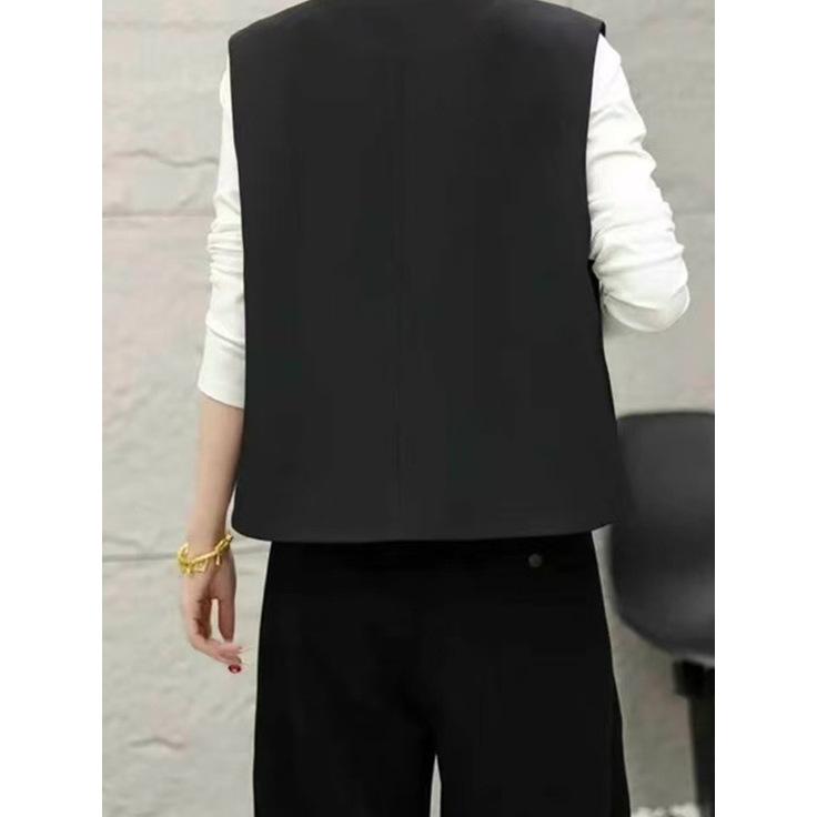 Women's Slimming Black Round Neck Button Blouse - Stylish Spring 2025 Fashion with Unique Vest Design