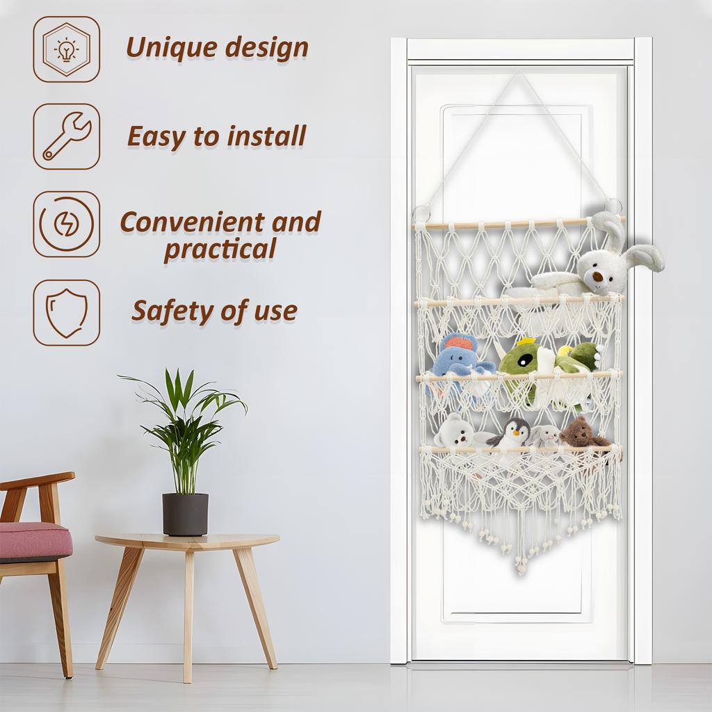 Stuffed Toy Storage Hammock 3-Layer Macrame Storage Net Washable Large Capacity Mesh Plush Toy Storage for Kindergarten Playroom