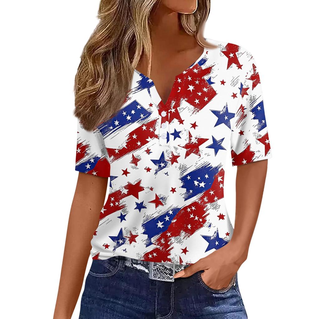 Women's T Shirt Independence Day Print Button Short Sleeve Daily Weekend Fashion Basic V- Neck Regular Top