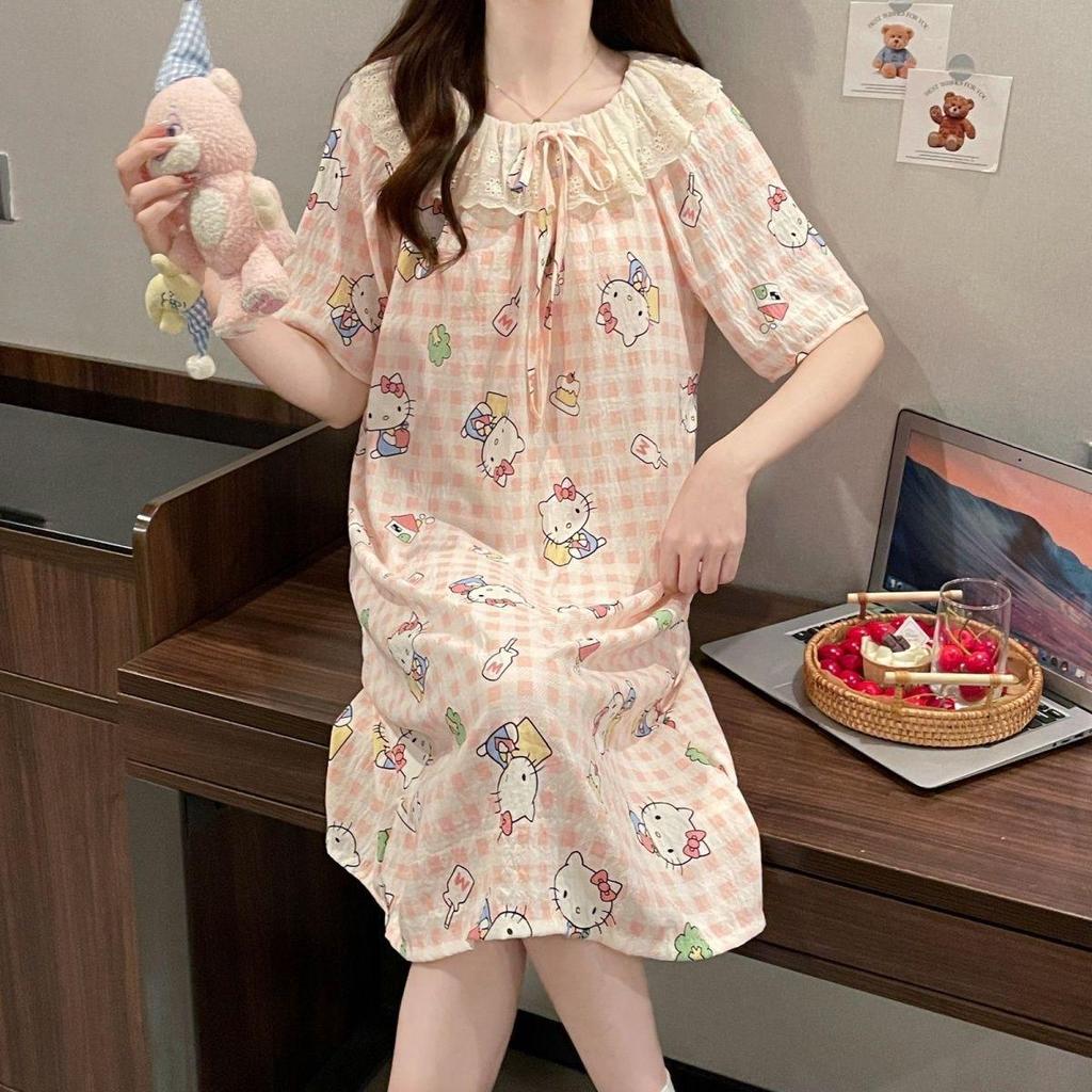 Cloud Cotton Lace Nightgown for Women, Short-Sleeved with Padded Bust, Princess Style, Sweet Summer Home Wear, Round Neck