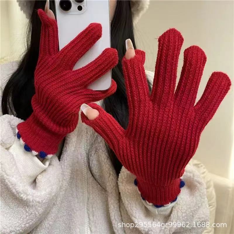 Jelly bean wool knitted gloves, winter women's thick fingers can be exposed to keep warm, five fingers cycling