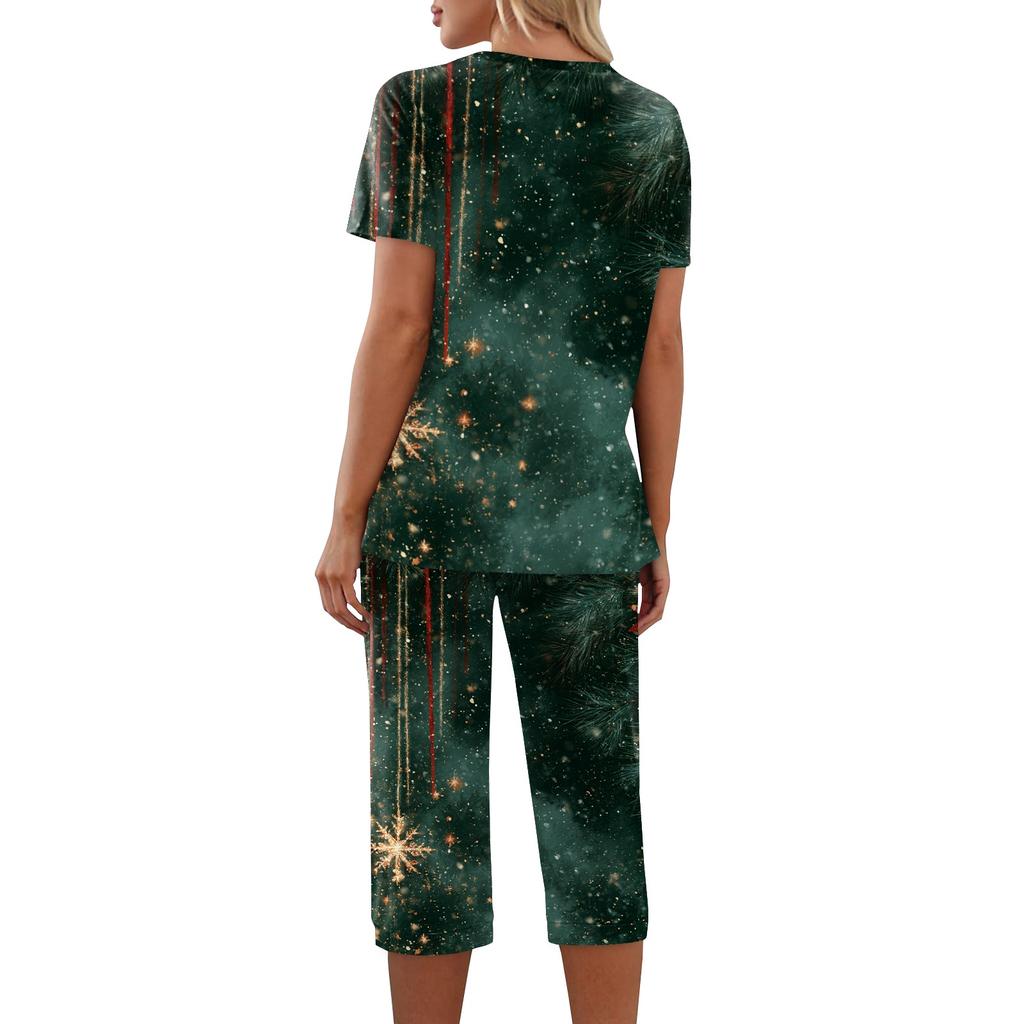 Women's Casual Christmas Print Two-Piece Outfit with Short Sleeve Top and Pants