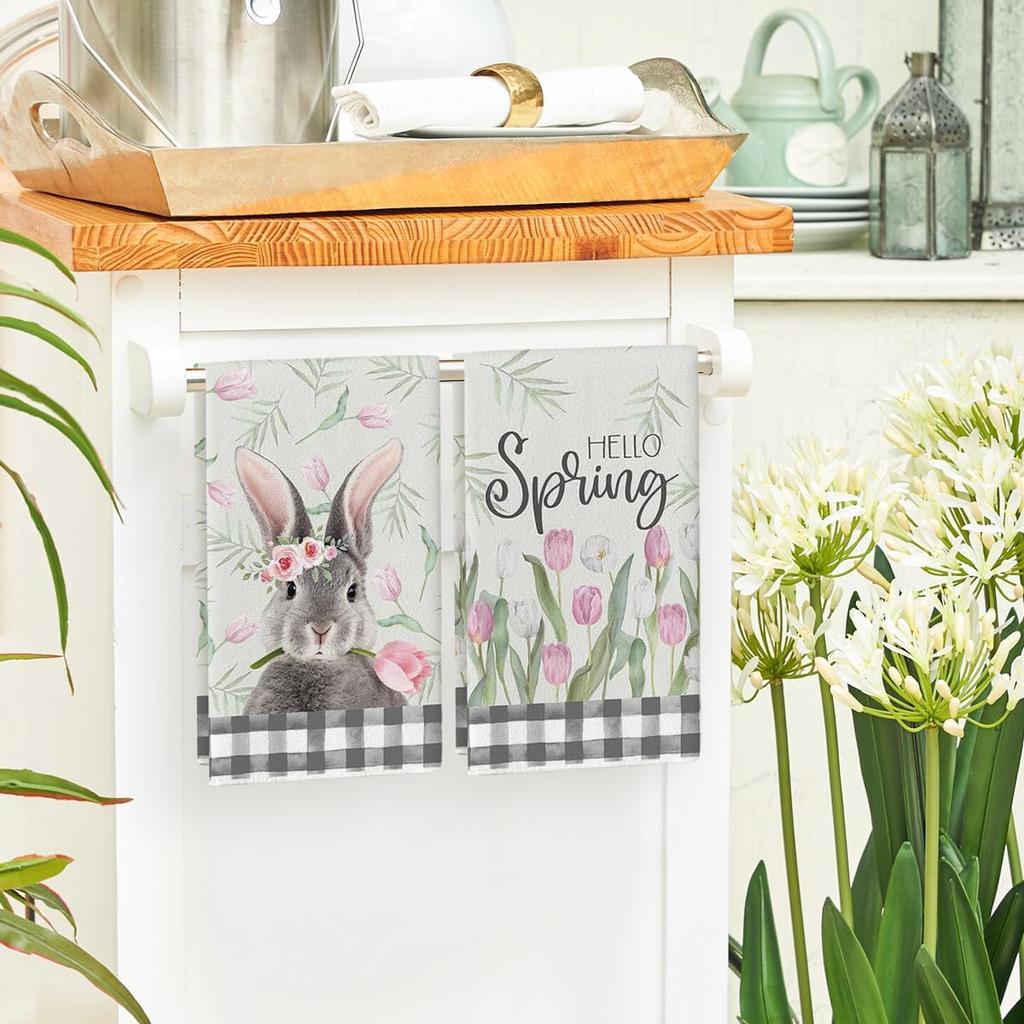 Artoid Mode Buffalo Plaid Bunny Rabbit Flowers Hello Spring Easter Kitchen Towels Dish Towels, 18x26 Inch Seasonal Decoration Hand Towels Set of 2
