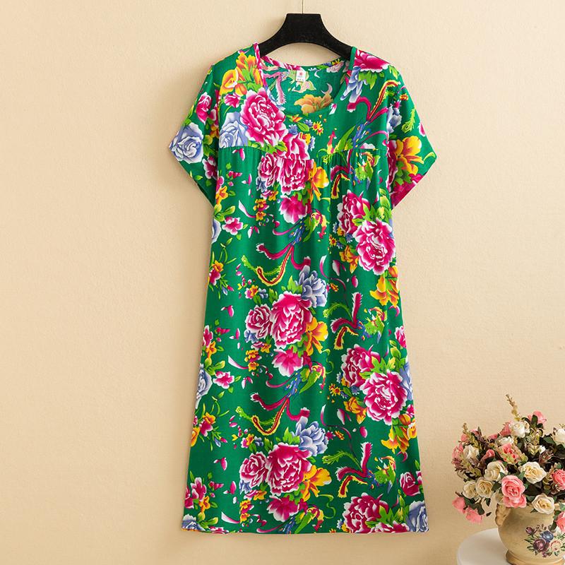 Mom summer dress medium and long pure cotton silk nightdress year-old new Chinese women's knee skirt