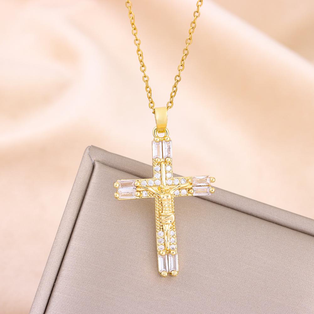New Bohemia Retro Colorful Zircon Crystal Jesus Cross Pendant Necklaces For Women Vintage Punk Style Female Neck Chain Jewelry