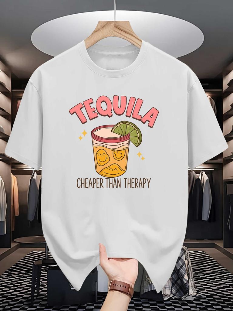 Unisex Crew Neck Tee Retro Tequila Cup Letter Graphic Print Soft Cotton Loose Short Sleeve Summer Casual Male Streetwear Tops