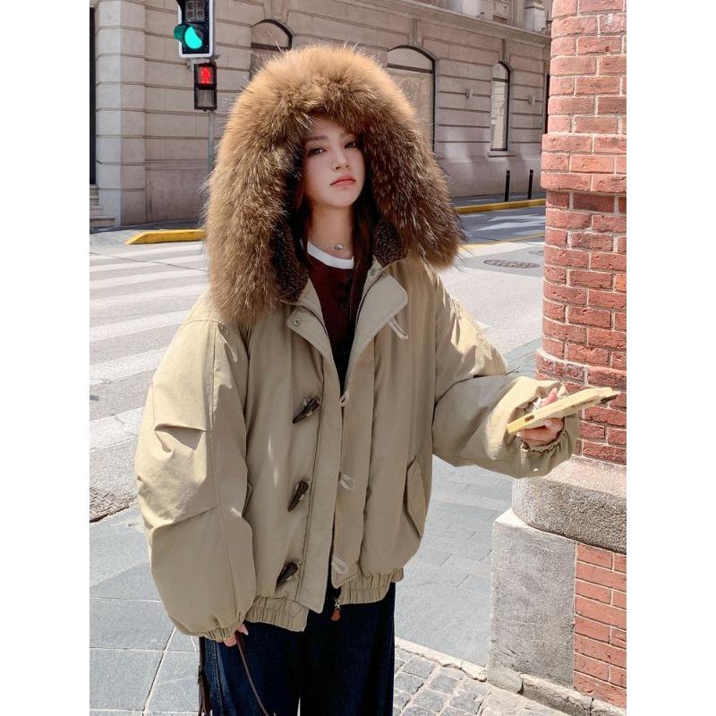 

Padded clothes women s winter horn buckle design sense large fur collar thickened padded jacket new pie overcome padded jacket S [Excellent Quality] хаки