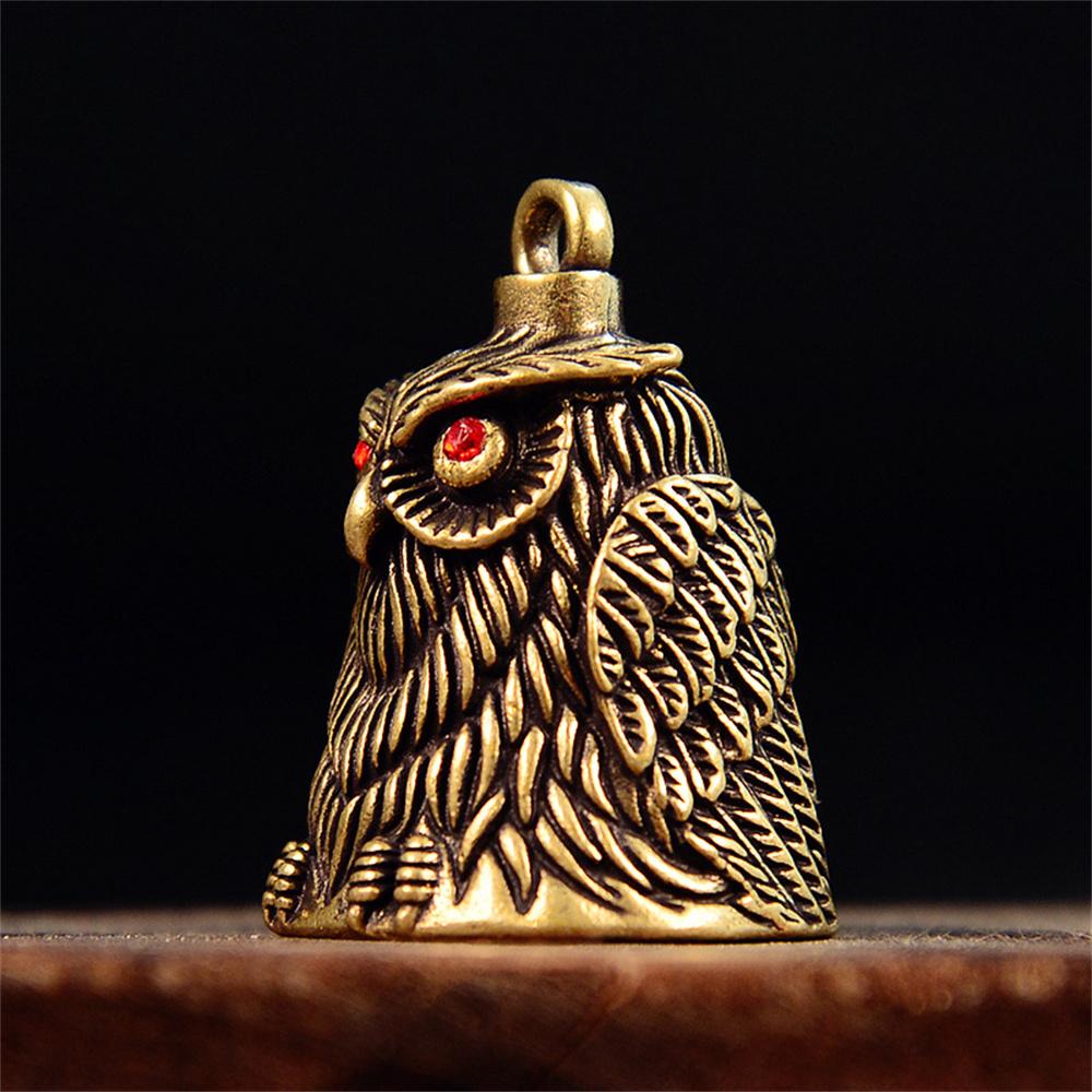 Owl Brass Bell Hand Carving Vintage Crafts Good Luck Ornament for DIY Keychain Wind Chime Doorbell Home Decor Gift