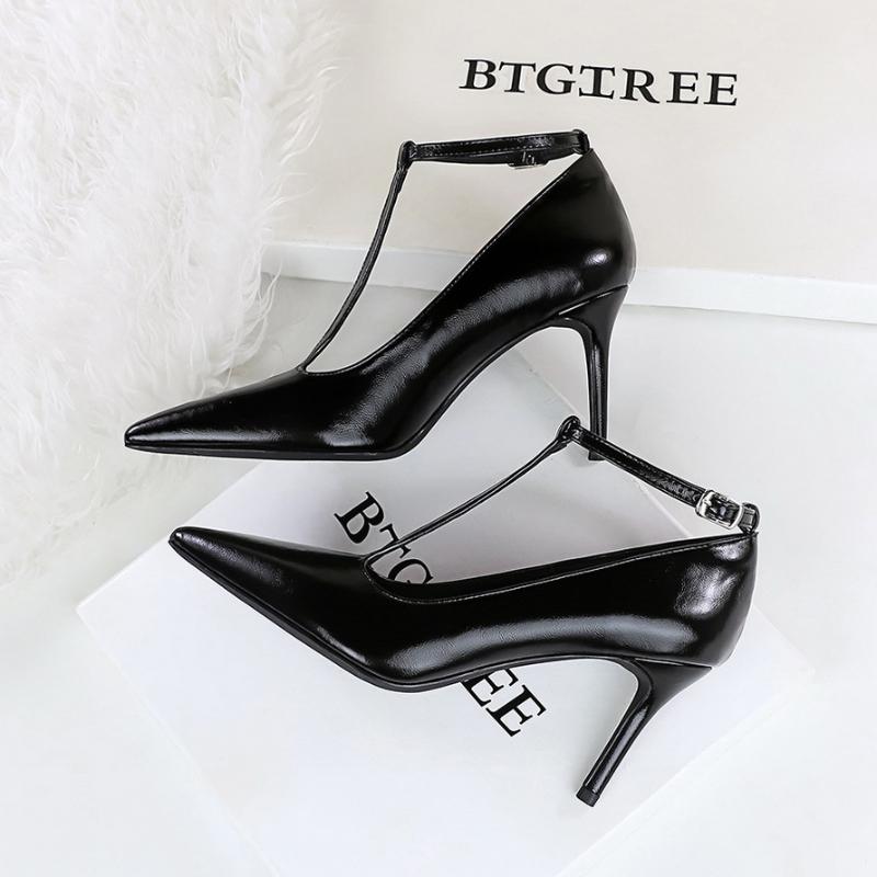Fashion Pointed Toe High Heels With Polished Leather T-Shaped Buckles Shallow Mouth Single Shoes Fashionable Simple Women's Shoes