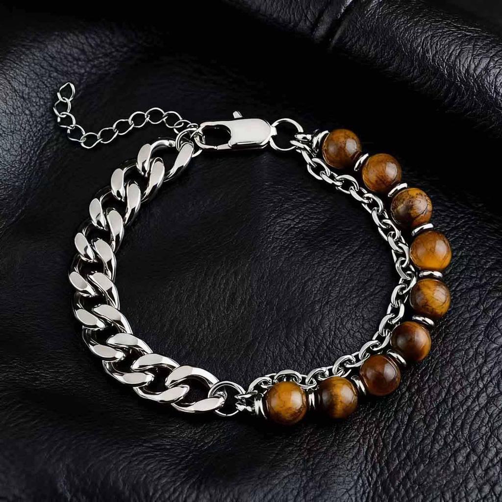 Stainless Steel Black Agate Men's Bracelet - New Chinese Style Jewelry