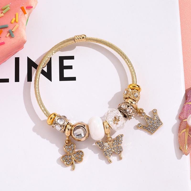Luxury Crystal Bear Crown Clover Charms Bracelets for Women Girls Lovely Stainless Steel Bangle Accessories Gifts for Friends