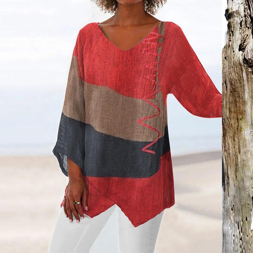 Top Retro Autunnale con Scollo a V e Stampa Artistica a Maniche Lunghe da Donna