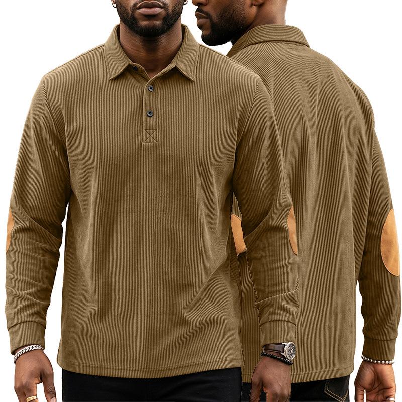 Autumn Winter Men Waffle Rib Knit Polo Shirts Contrast Suede Elbow Patches Lapel Collar Button Placket Vintage Long Sleeve Corduroy Textured Tops