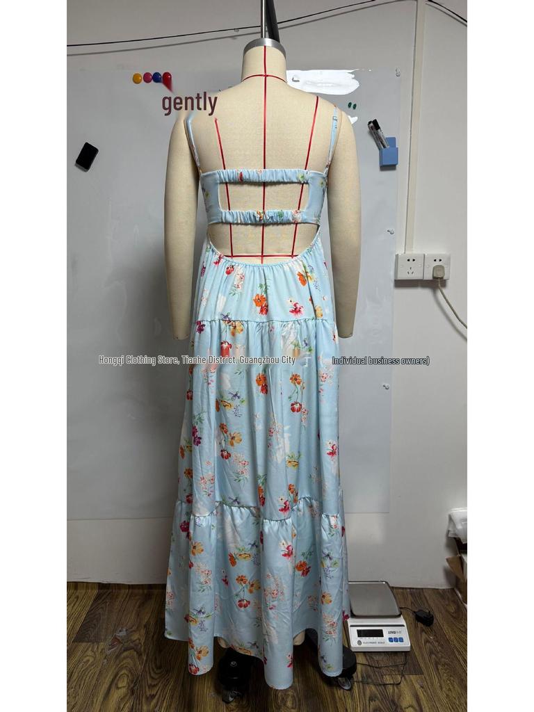 2026 Women's Fashion Printed Spaghetti Strap Sleeveless Backless Dress