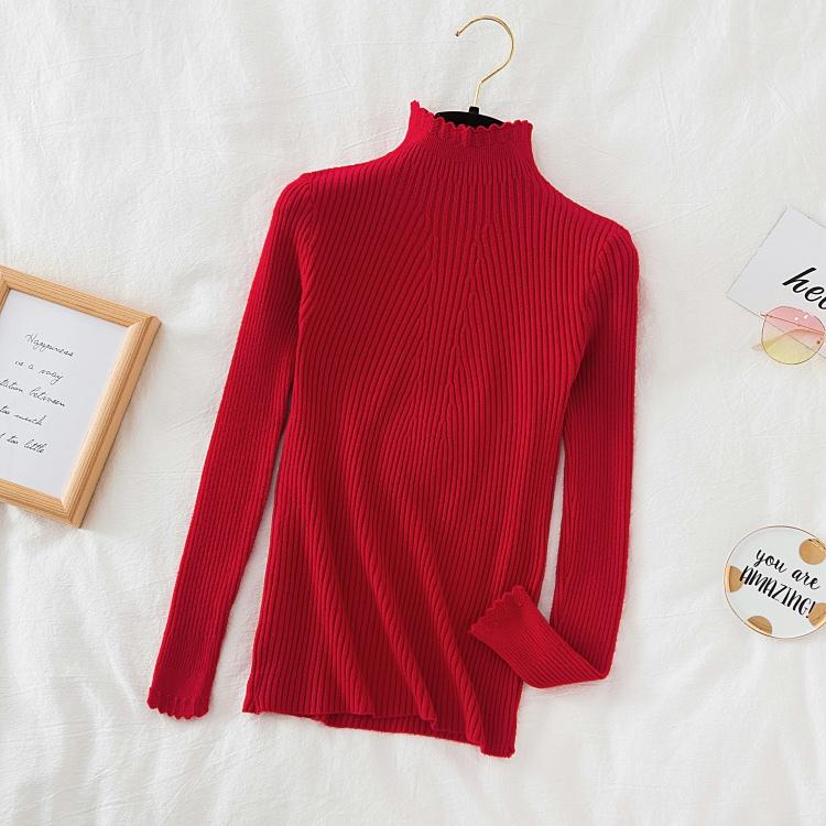

Элегантный модный полуводолазный свитер с оборками для женщин, весна-осень, новый облегающий свитер с длинными рукавами, трикотажная рубашка, однотонная одежда 2173 One Size красный