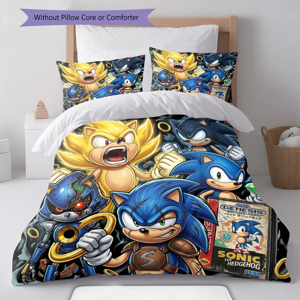 Sonic Hedgehog Pattern Bedding Quilt Set Quilt Cover Pillowcase Home Birthday Gift(1 * Duvet Cover + 2 * Pillowcase, Without Core)